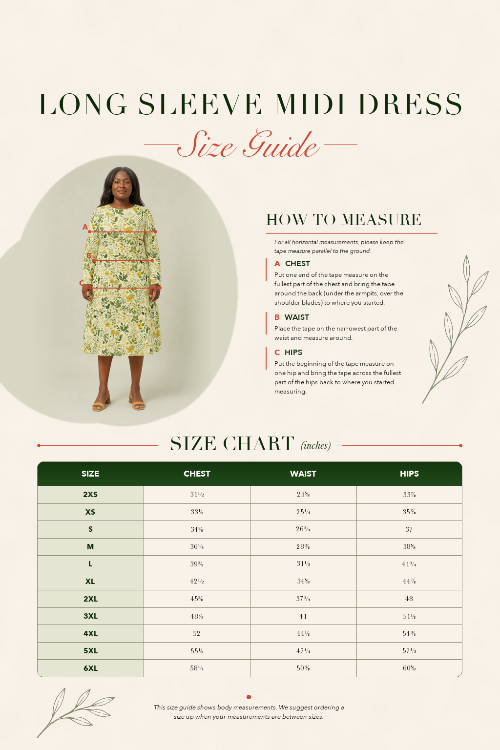 Long sleeve midi dress floral size guide chart with garment diagram
