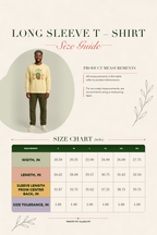 A size guide infographic for a long-sleeve t-shirt, featuring a model wearing a cream-colored shirt on the left, product measurement text on the right, and a detailed size chart at the bottom showing measurements in inches for sizes S through XL.