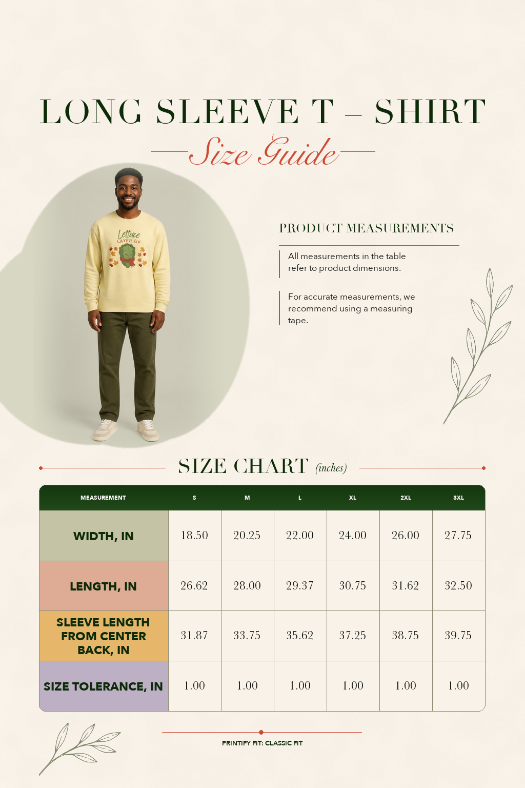 A size guide infographic for a long-sleeve t-shirt, featuring a model wearing a cream-colored shirt on the left, product measurement text on the right, and a detailed size chart at the bottom showing measurements in inches for sizes S through XL.