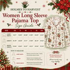A festive size guide infographic for the Holmes to Harvest Women Long Sleeve Pajama Top. The graphic features a holiday theme with poinsettias, pine branches, and snowflakes, alongside a size chart table from XS to 2XL with measurements, a 'How to Measure' guide, and an illustration of a floral pajama top.