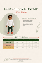 Long sleeve onesie size guide chart with measurements in inches.
