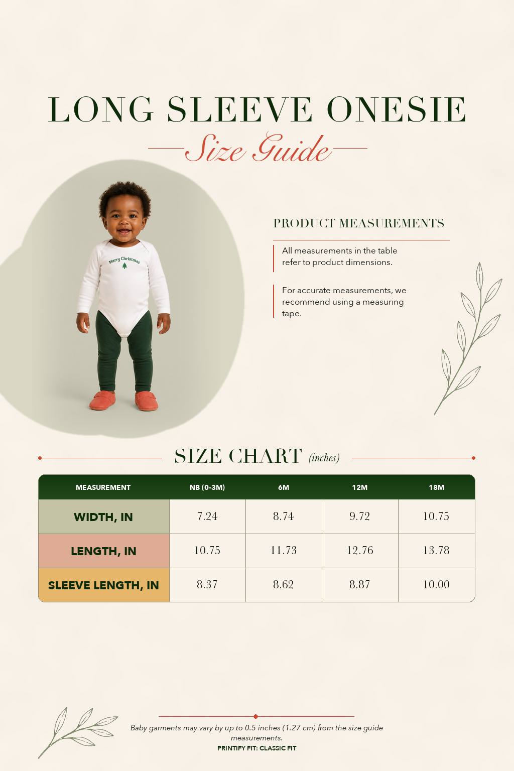 Long sleeve onesie size guide chart with measurements in inches.