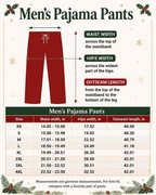 A measurement chart for men's pajama pants showing a red pants illustration with arrows marking waist width, hips width, and outseam length, plus a size table from XS to 4XL with measurements.