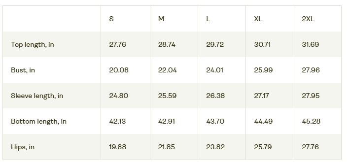 Measurement chart for clothing sizes S to 2XL with dimensions in inches.