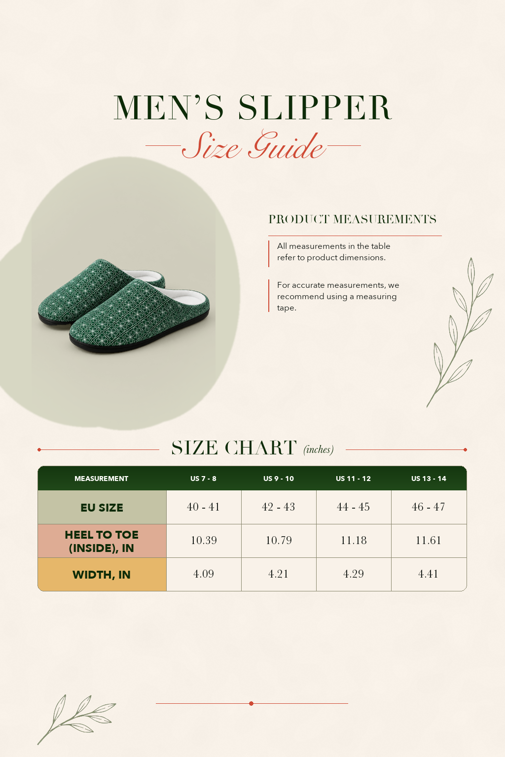 Men's slipper size guide with green patterned slipper icon and measurement chart
