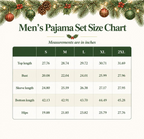A festive size chart graphic for a men's pajama set, showing measurements in inches for sizes S through 2XL. The chart is styled with a holiday header featuring pine branches, ornaments, and red berries on a cream background.