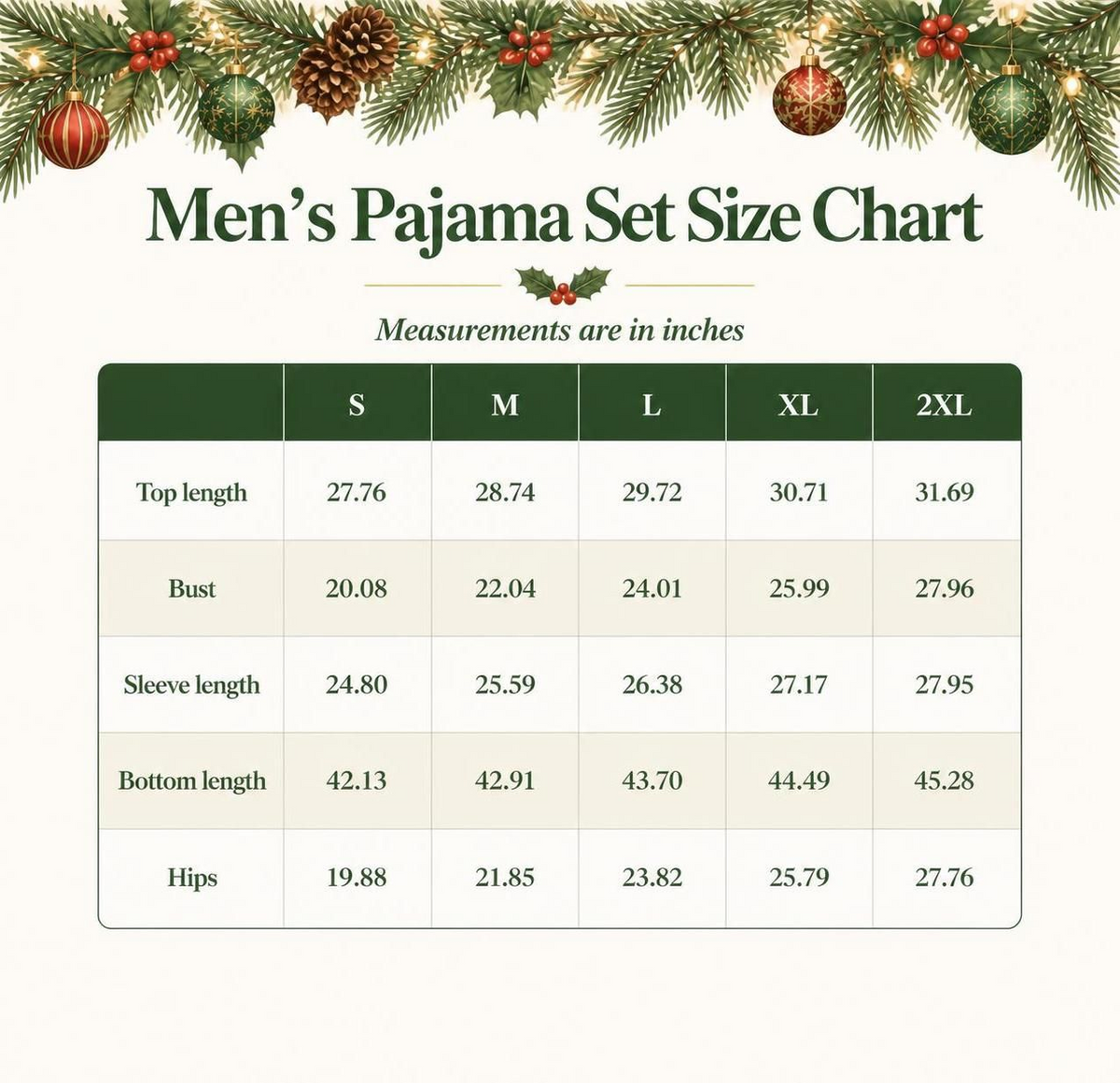A festive size chart graphic for a men's pajama set, showing measurements in inches for sizes S through 2XL. The chart is styled with a holiday header featuring pine branches, ornaments, and red berries on a cream background.