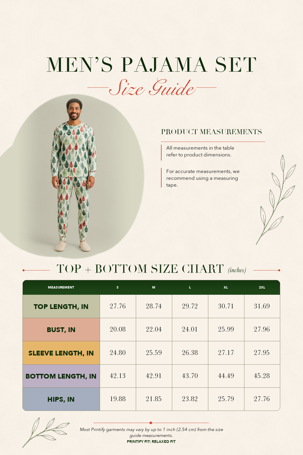 Men's pajama set with long-sleeve button-front top and matching leaf print pants