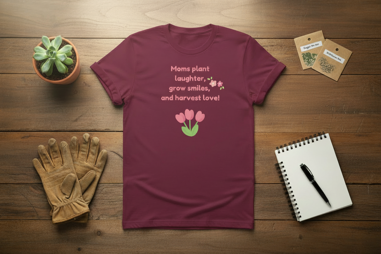 Maroon t-shirt with gardening-themed text and graphics on a wooden surface with gardening tools and plants.