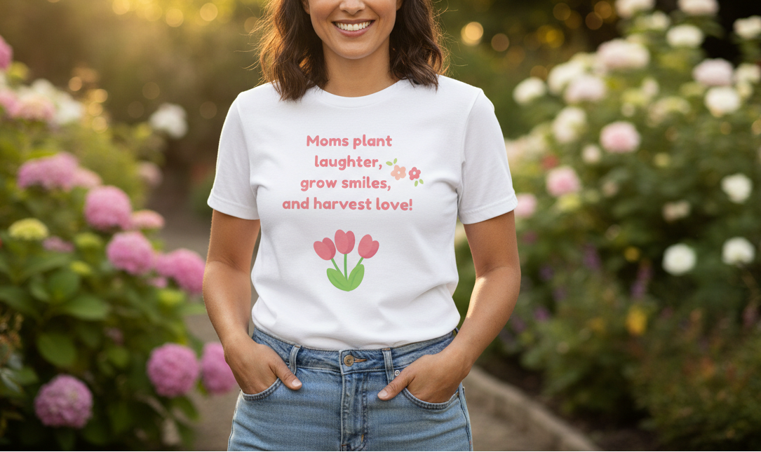 Woman wearing a t-shirt with a message about mothers in a garden setting