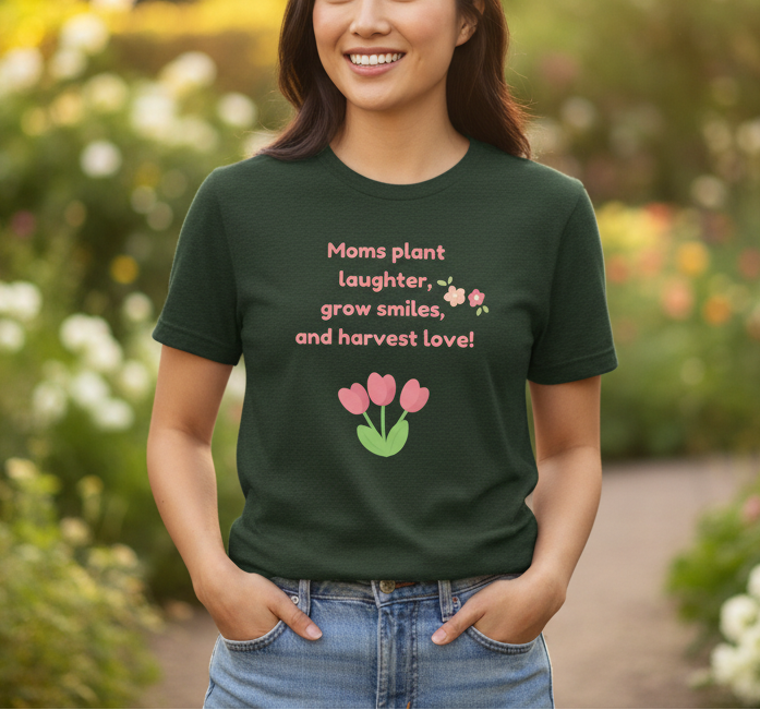 Person wearing a green t-shirt with a message and flower design, standing outdoors.