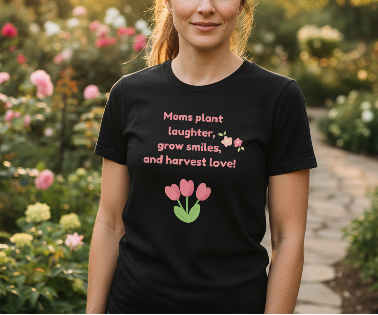 Person wearing a black t-shirt with a message and flower design, standing in a garden.