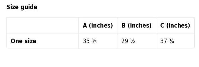 A size guide table showing measurements for A, B, and C in inches for one size, with values 35 3/8, 29 1/2, and 37 3/4.