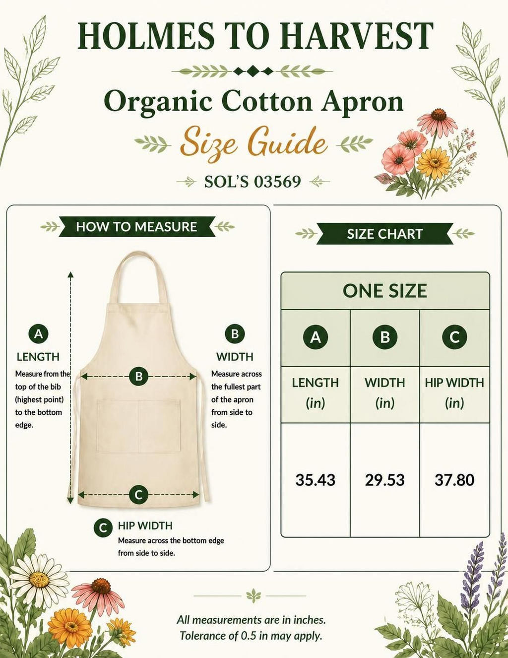An infographic size guide for an organic apron, featuring a model wearing a dark green apron with black trim and a red measuring tape. Below the model is a size conversion table labeled 'INTERNATIONAL SIZE CONVERSION (inches)' with sizes A, B, and C.