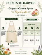 An infographic size guide for an organic apron, featuring a model wearing a dark green apron with black trim and a red measuring tape. Below the model is a size conversion table labeled 'INTERNATIONAL SIZE CONVERSION (inches)' with sizes A, B, and C.