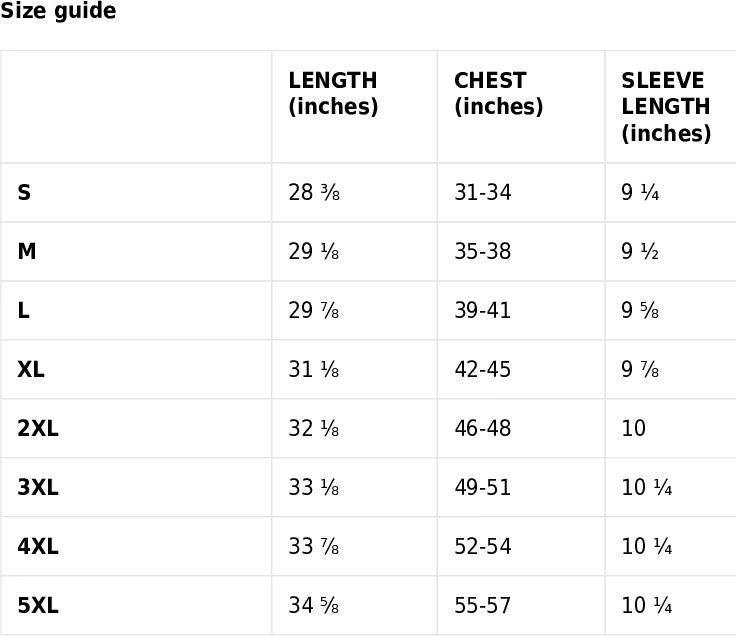 Size guide chart for clothing with measurements in inches