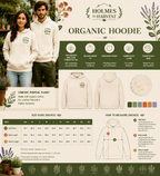 Organic hoodie design sheet with front and back views, size guide, and color swatches