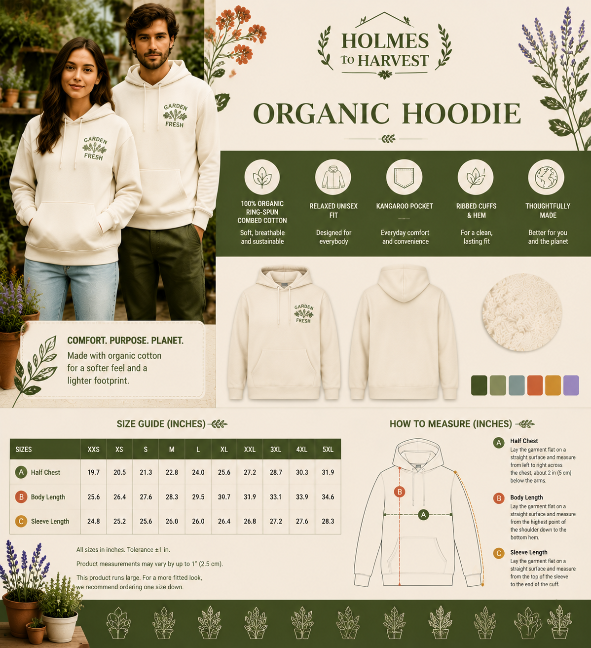 Organic hoodie design sheet with front and back views, size guide, and color swatches