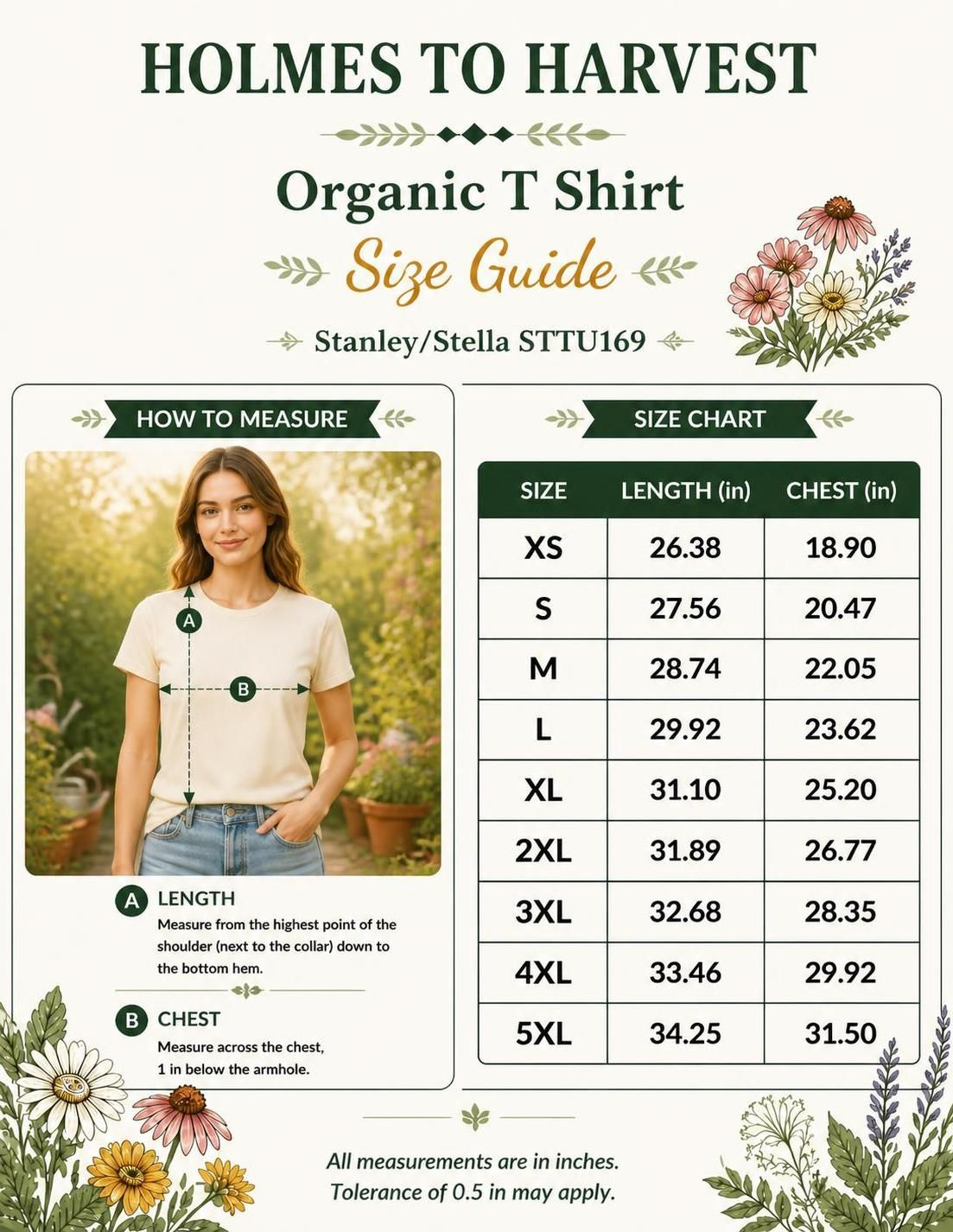 Organic T-shirt size guide for Holmes to Harvest, featuring a size chart with measurements for sizes XS through 5XL and a how-to-measure diagram with a model illustration.