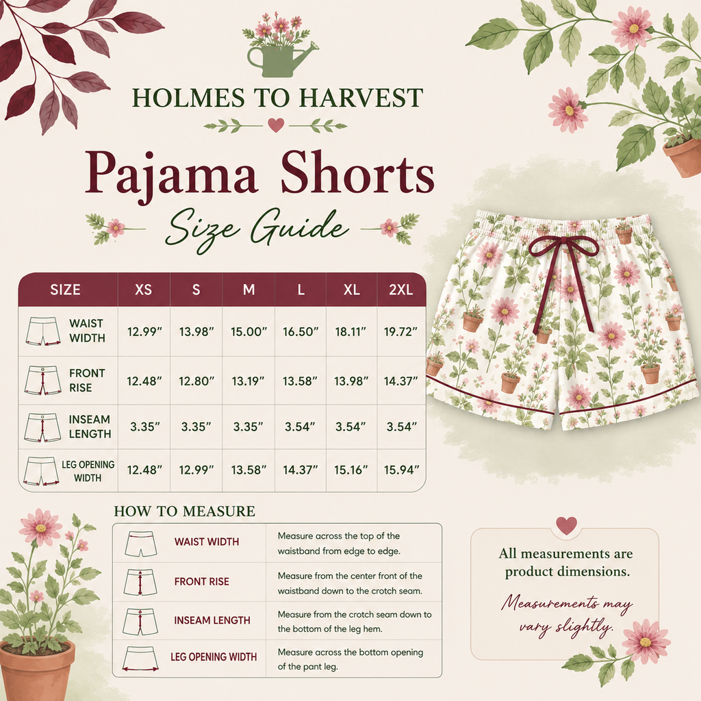 A product information graphic for Holmes to Harvest Pajama Shorts. The image features a size guide table from XS to 2XL with measurements, a 'How to Measure' guide, and a product photo of floral pajama shorts on the right.