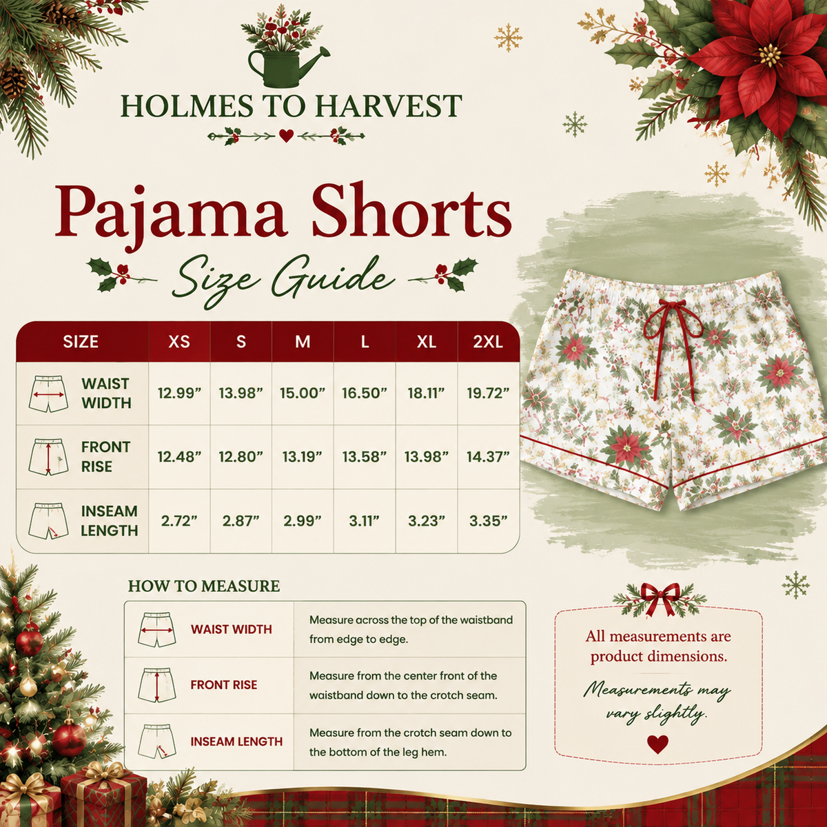 A festive size guide infographic for Holmes to Harvest Pajama Shorts, featuring a size chart from XS to 2XL, a 'How to Measure' guide, and a product photo of floral pajama shorts on the right side.