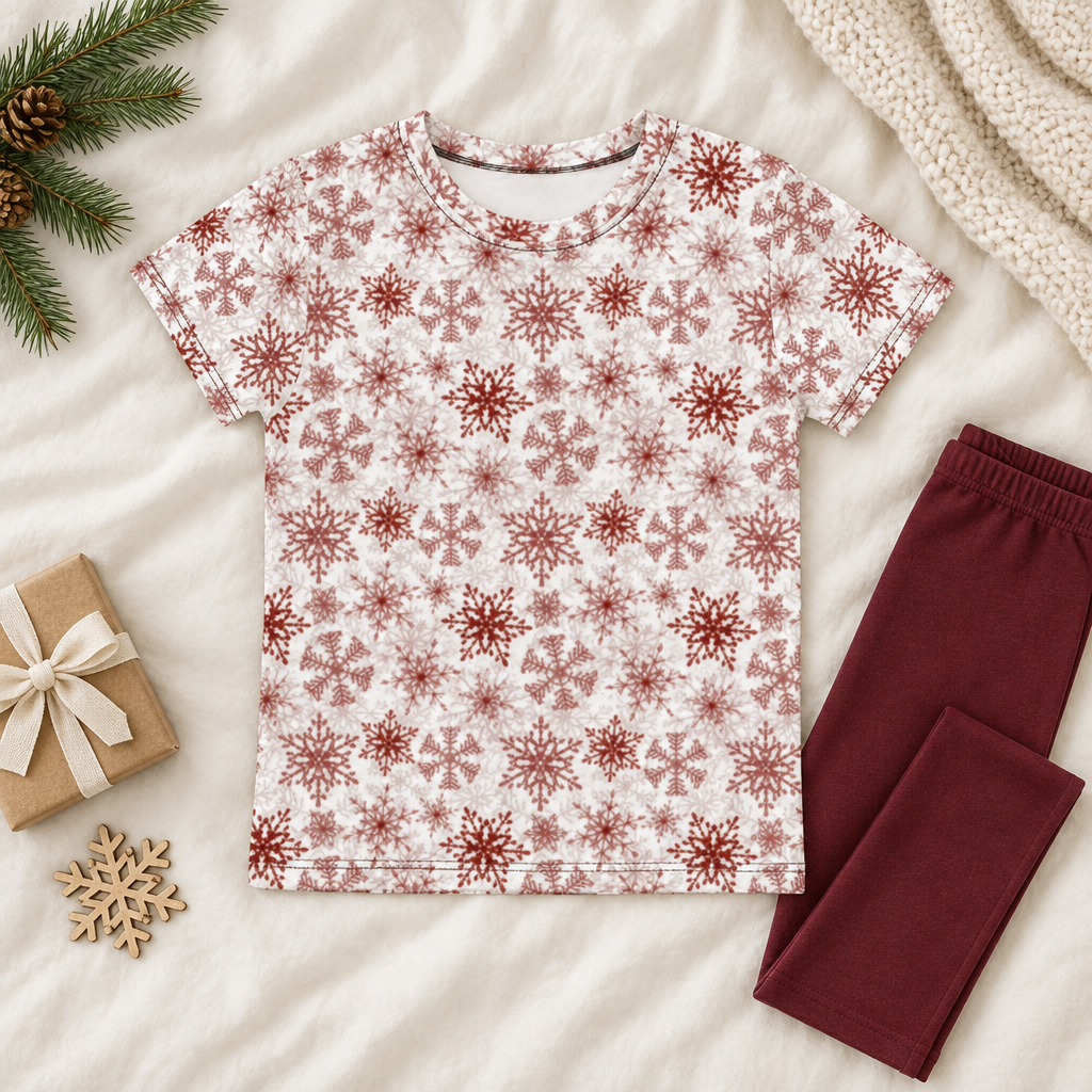 Red Snowflake kids pajama top laid out with plain burgundy pants and winter accessories; pants sold separately