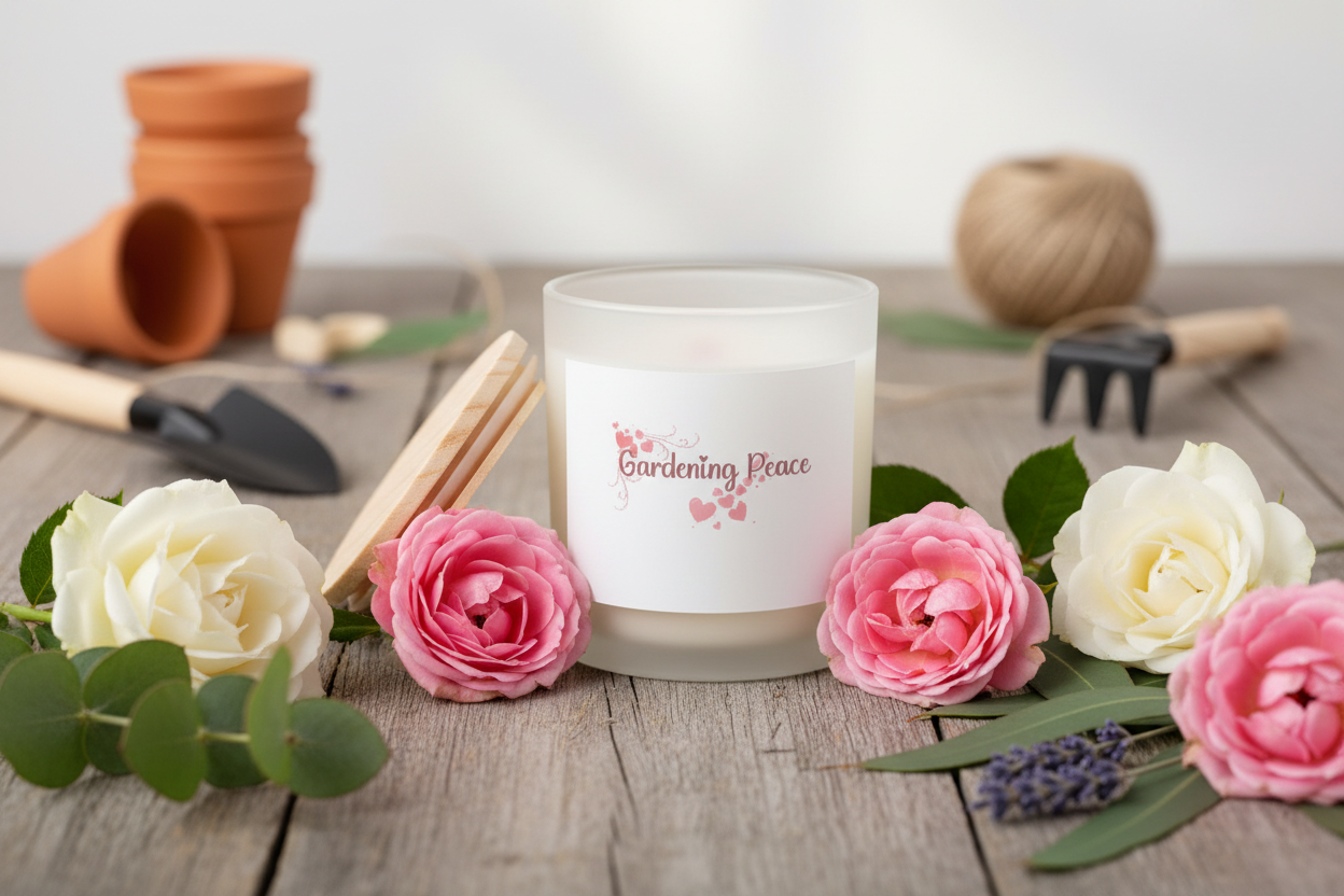 Candle with 'Gardening Peace' text surrounded by flowers on a wooden surface