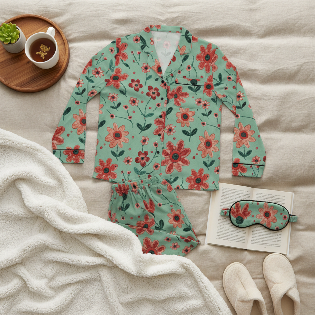 Floral pajama set with matching eye mask and slippers on a bed.