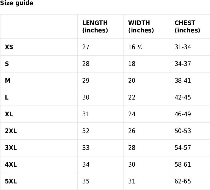 Size guide chart for clothing with measurements in inches