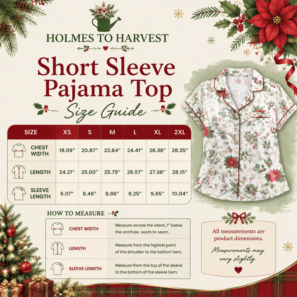 Women's short-sleeve pajama top with white base, red floral print, button front, pocket