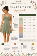A size guide infographic for the Holmes & Harvest Skater Dress, featuring a model wearing a white floral skater dress on the left, a central size chart with measurements from XS to 2XL, and fit and care instructions on a light beige background.