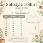 A size guide infographic for the Softstyle T-Shirt in Gildan 64000, featuring a size table from XS to 5XL with width and length measurements, alongside a simple line drawing of a T-shirt showing those dimensions. The design has a warm cream background with green and brown botanical illustrations.