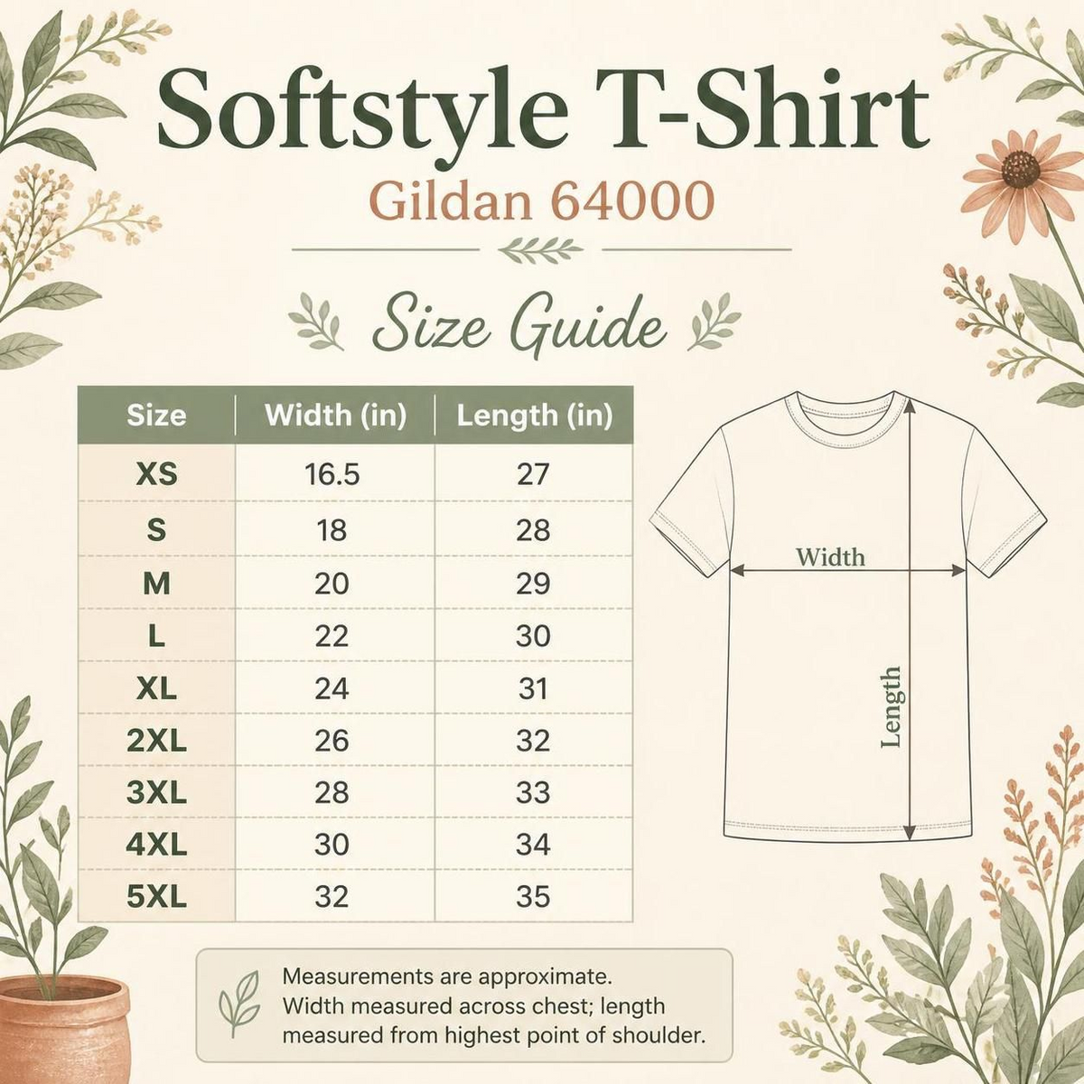 A size guide infographic for the Softstyle T-Shirt in Gildan 64000, featuring a size table from XS to 5XL with width and length measurements, alongside a simple line drawing of a T-shirt showing those dimensions. The design has a warm cream background with green and brown botanical illustrations.