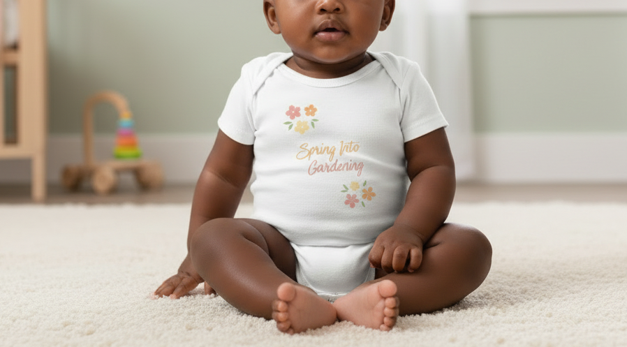 Baby sitting on a carpeted floor wearing a white onesie with text and floral designs.