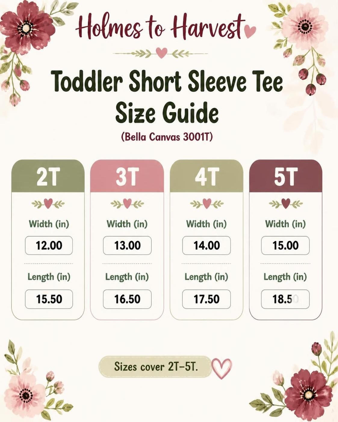 Toddler short sleeve T-shirt size chart with 2T–5T width and length measurements