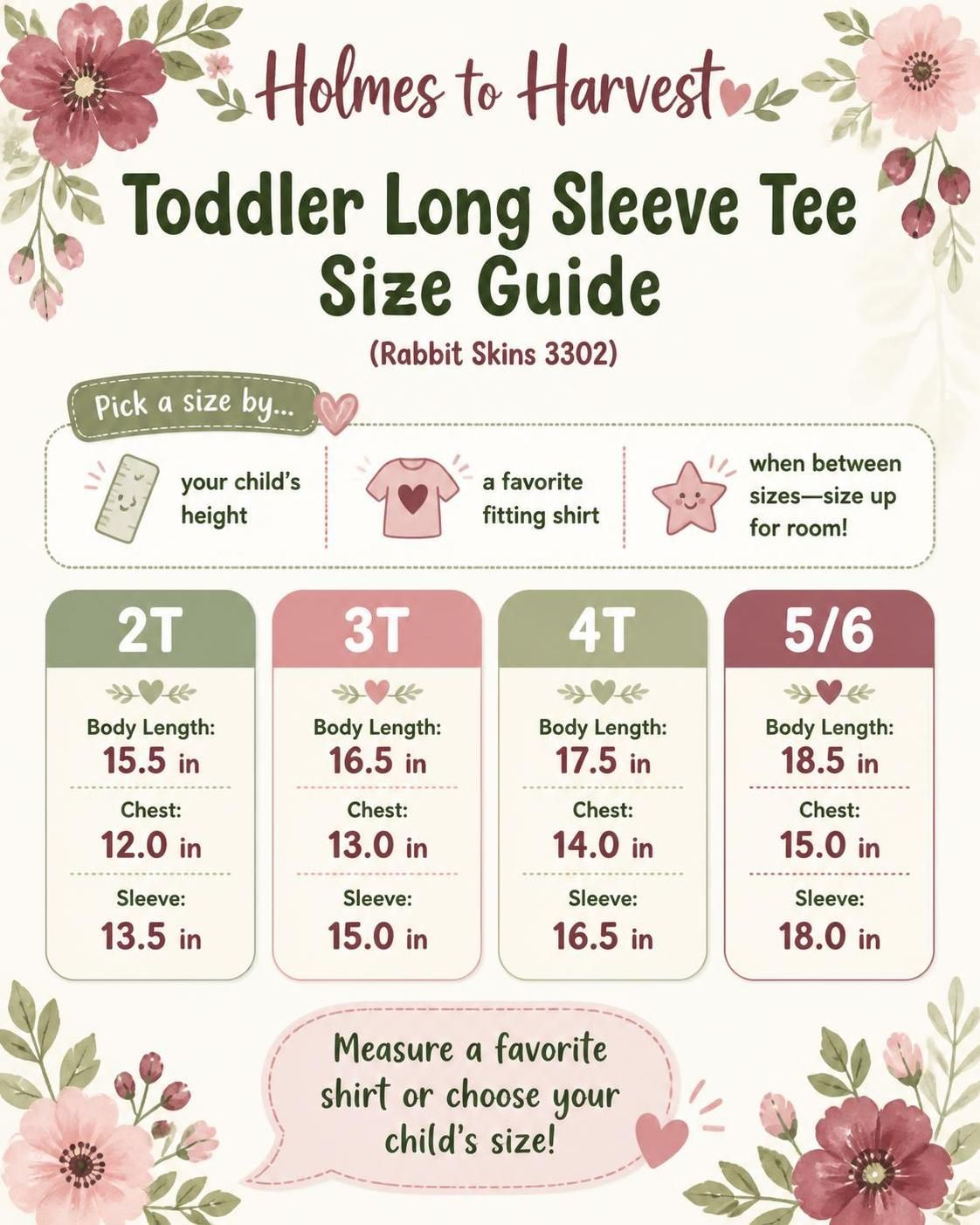 A decorative size guide infographic for toddler long sleeve t-shirts, titled 'Toddler Long Sleeve Tee Size Guide (Rabbit Skins 3302)'. The graphic features floral borders and three columns showing size charts for 2T, 3T, 4T, and 5/6 sizes with body length, chest, and sleeve measurements in inches.