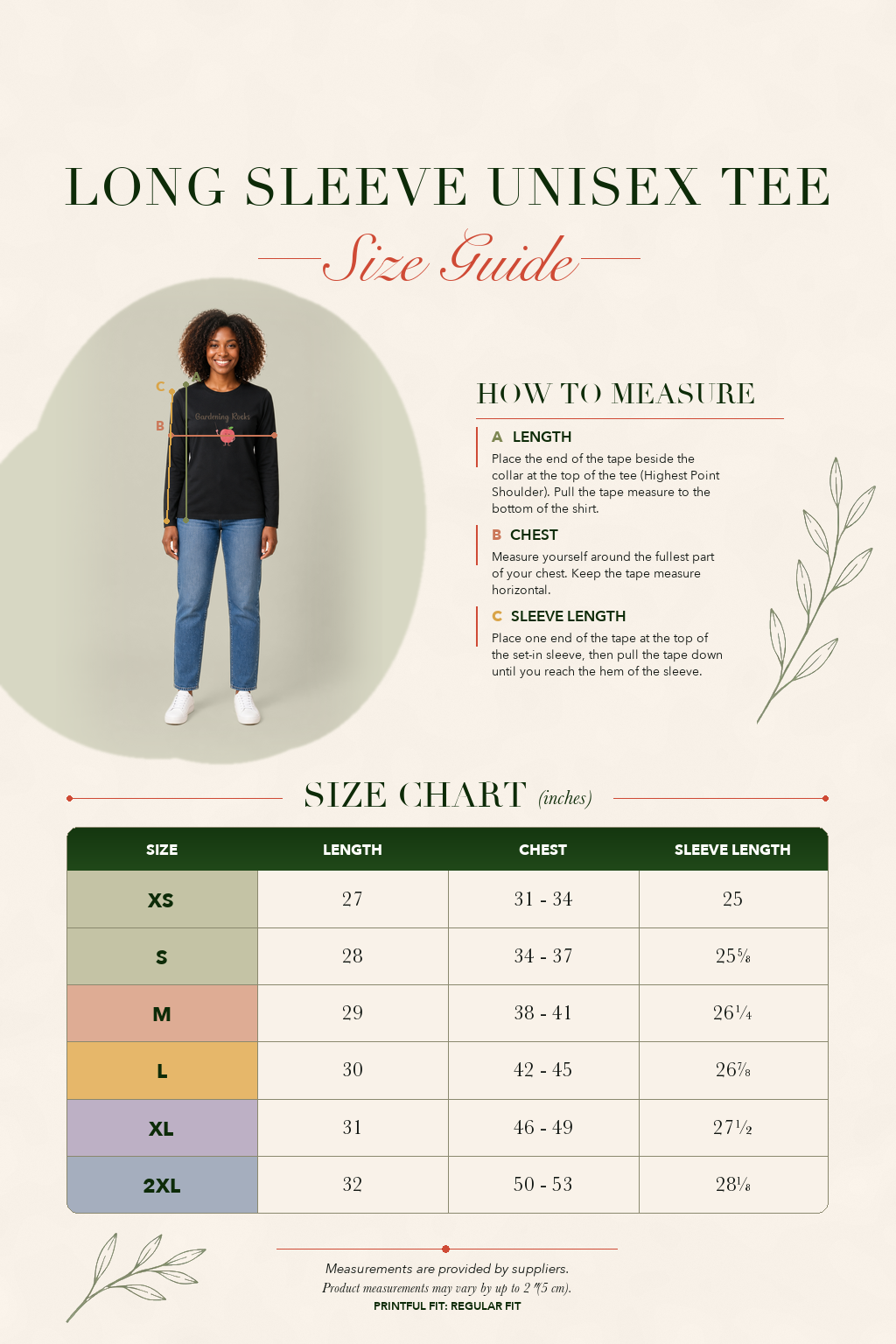 Long sleeve unisex tee size chart with length and chest measurements