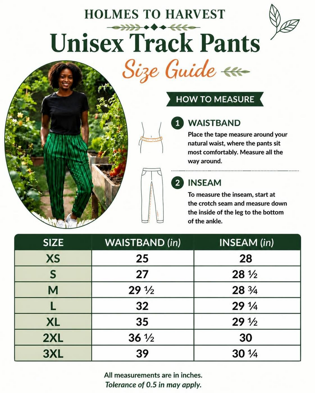 Unisex track pants size guide page with illustrated green and white striped pants