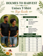 A size guide and measurement chart for the Holmes To Harvest Unisex T-shirt by Bella Canvas 3001. The graphic features a size chart table from XS to 6XL with length and chest measurements, alongside a 'How to Measure' section with illustrated steps.