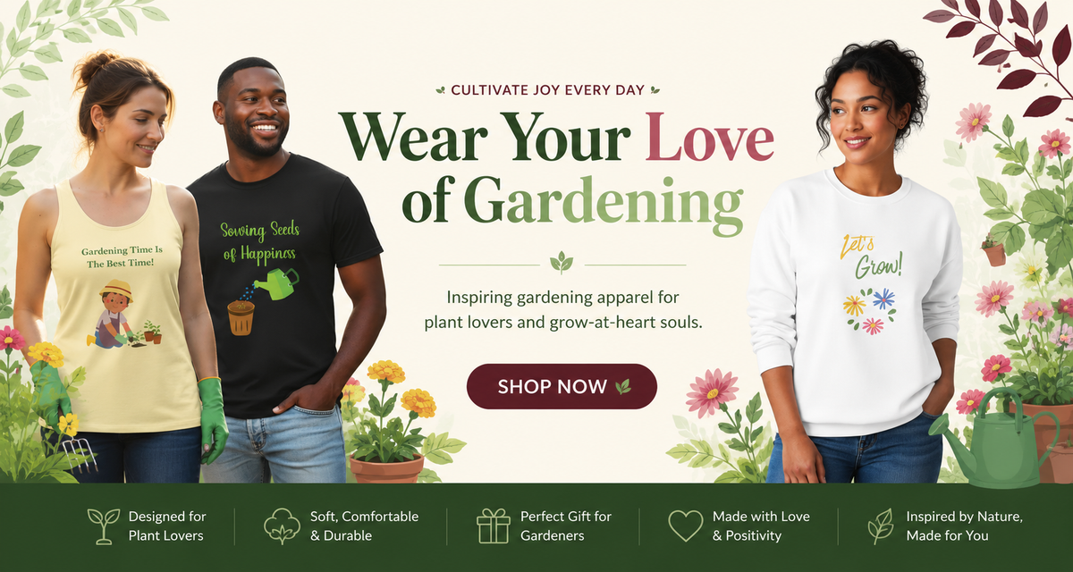 Promotional banner for gardening-themed apparel with people wearing t-shirts and a woman in a sweatshirt, surrounded by plants and flowers.