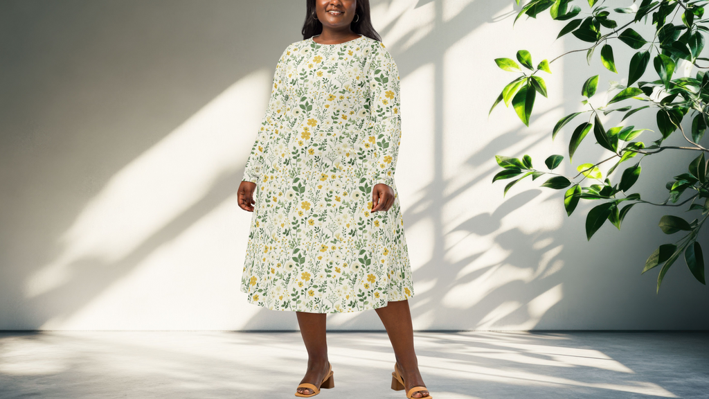 Woman wearing a floral dress standing in a bright room with a plant.