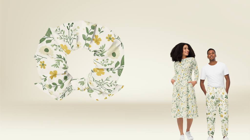 Two people wearing matching floral outfits with a large floral design on a beige background.