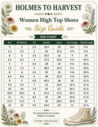 A women's high-top canvas shoe size guide featuring a circular inset photo of a person wearing light green and white canvas sneakers, with a detailed size chart table below on a cream background.