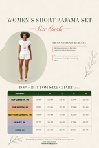 A size guide infographic for a women's short pajama set, featuring a model wearing a white pajama set on the left and a detailed size chart table on the right with measurements in inches.