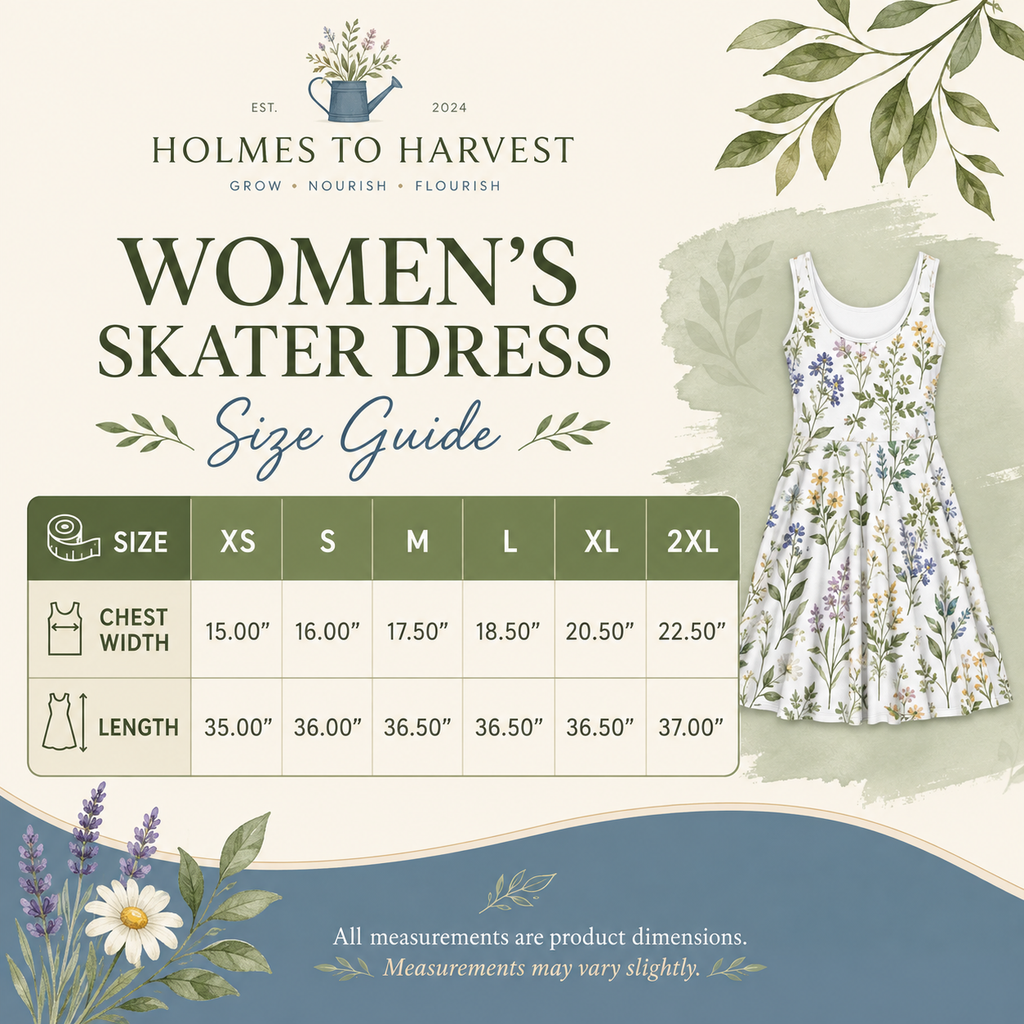 A size guide graphic for the Holmes to Harvest Women's Skater Dress, showing a size table from XS to 2XL with chest width and length measurements, alongside a floral print preview of the dress and decorative botanical illustrations.