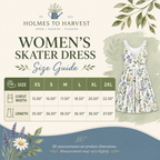 A size guide graphic for the Holmes to Harvest Women's Skater Dress, showing a size table from XS to 2XL with chest width and length measurements, alongside a floral print preview of the dress and decorative botanical illustrations.