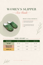 A size guide and measurement chart for women's slipper, featuring a photo of green floral slipper on the left and a size chart table on the right with measurements for US 7-8, US 9-10, and US 11-12.