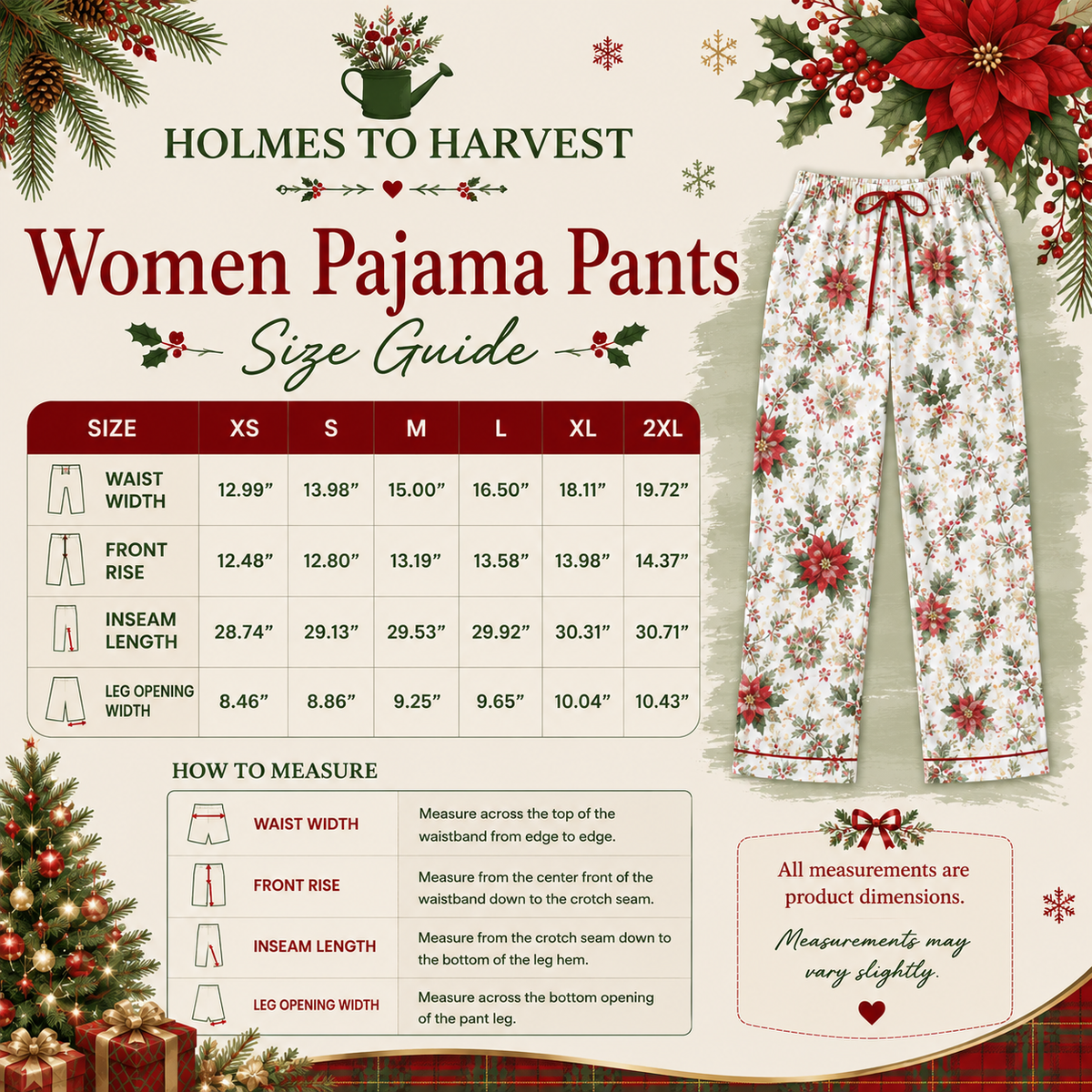 A size guide infographic for Holmes to Harvest Women Pajama Pants, featuring a size table from XS to 2XL, a 'How to Measure' guide, and a product photo of a white pajama top with red and green floral patterns on the right side.