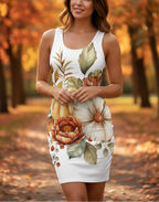 Woman wearing a white dress with floral patterns in an autumn setting