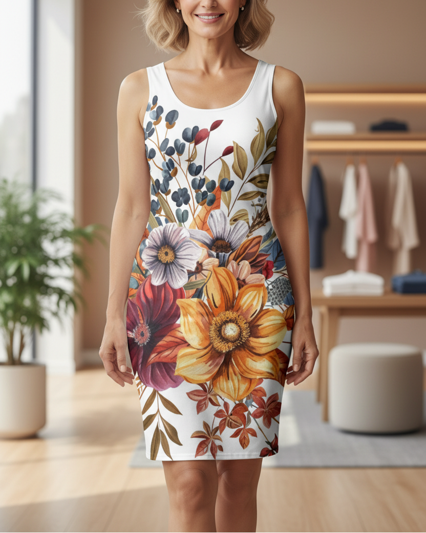 Woman wearing a floral dress in a room with a plant and furniture.